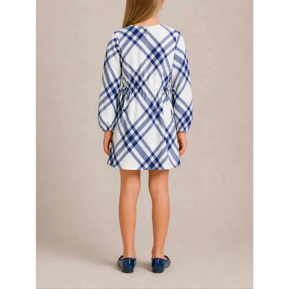NWT Burberry Girls Blue Plaid Long Sleeve Drawstring Waist Dress 10Y 10